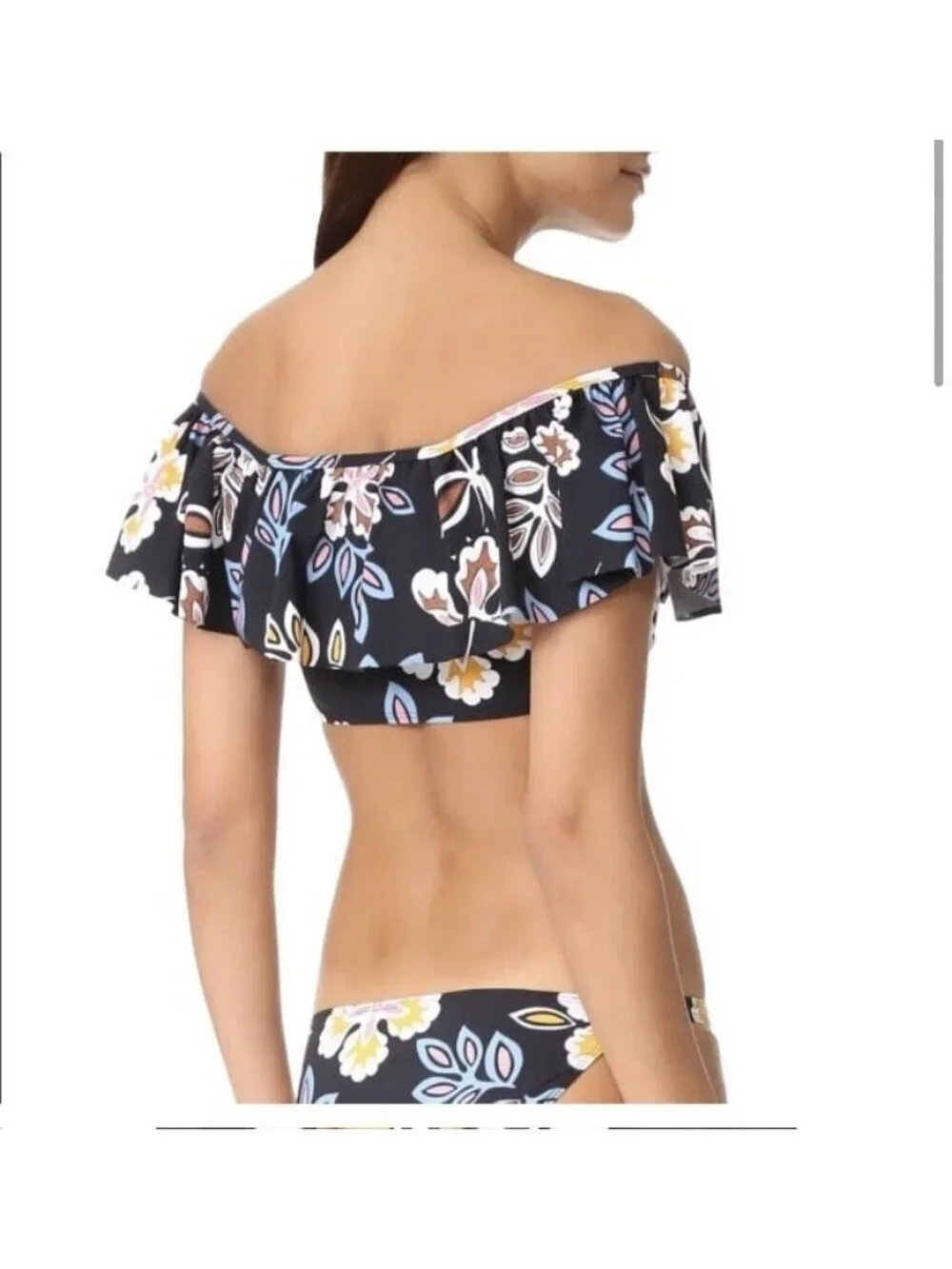Tory Burch Hopewell Floral Off Shoulder Bandeau Top in black with multi flowers